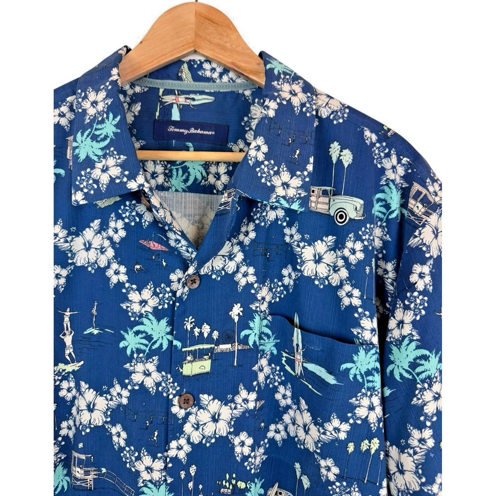 Tommy Bahama Men XXL Hawaiian Shirt‎ Vintage Beach Scenes Retro Surf 100% Silk